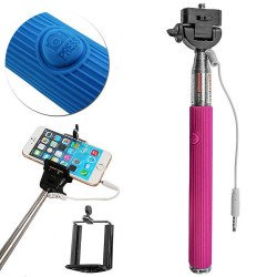 Wired Selfie Stick with Remote Small Clip (Hot Pink)